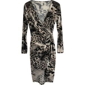 Vtg Cache Sheath Dress Medium Gray Leopard Metallic Beaded Shoulder Long Sleeve